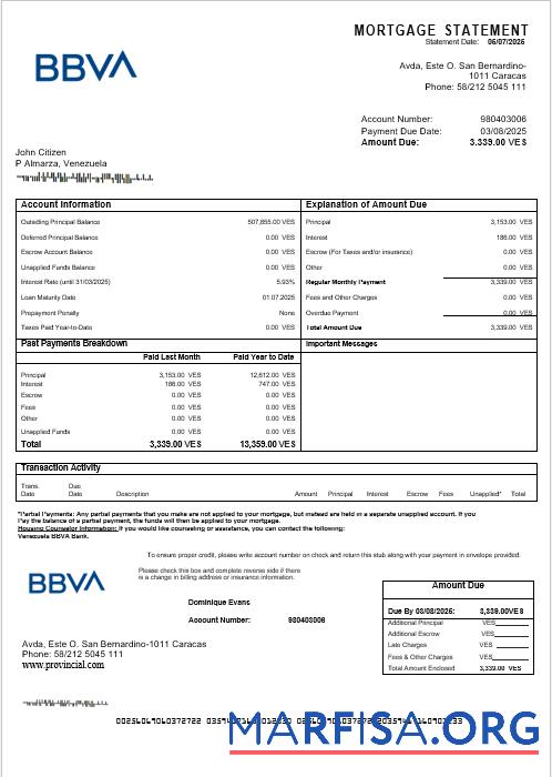 Printable Venezuela BBVA bank mortgage statement in Word and PDF formats sample